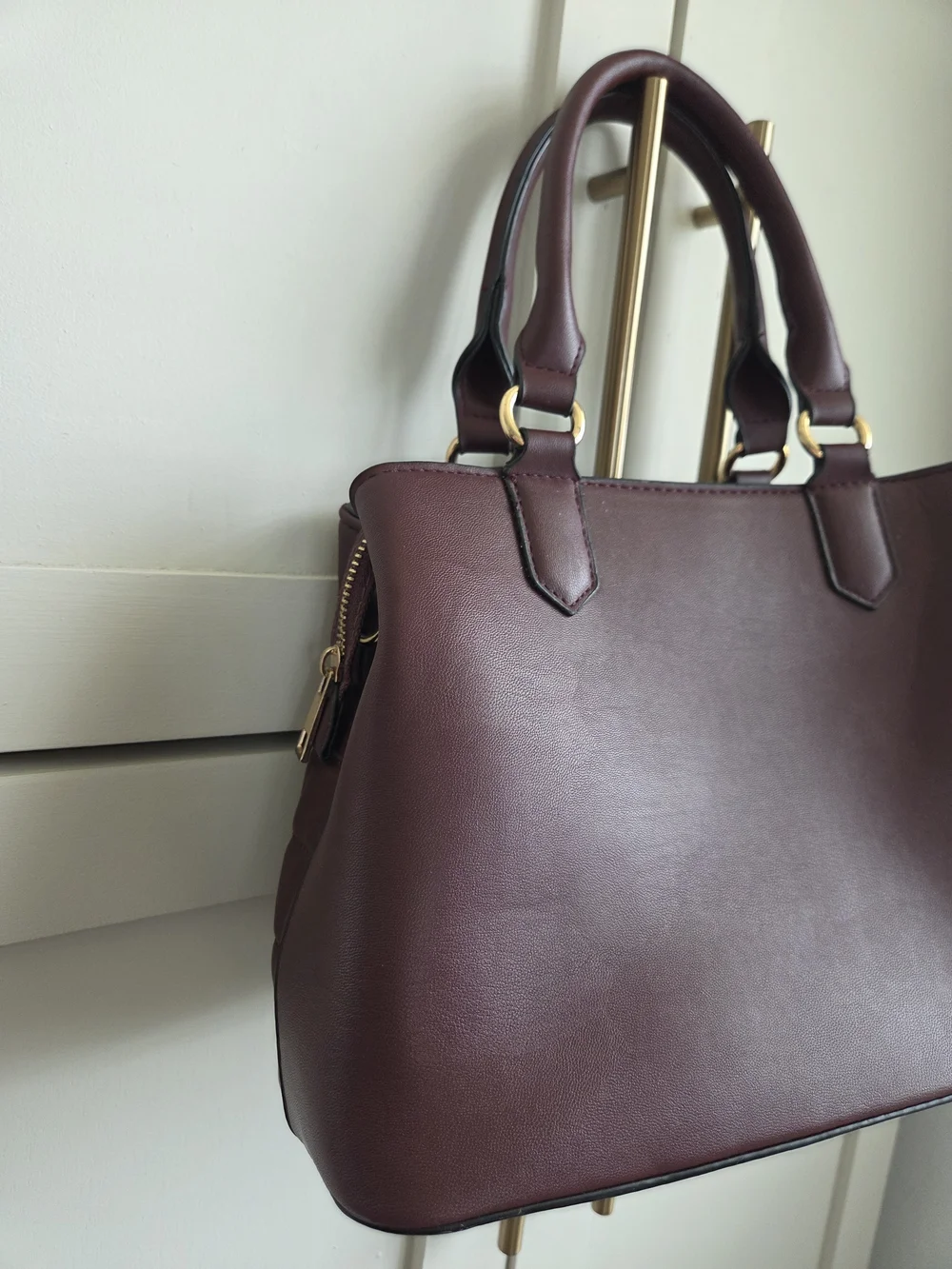 Burgundy Quilted Satchel Handbag Gold Hardware